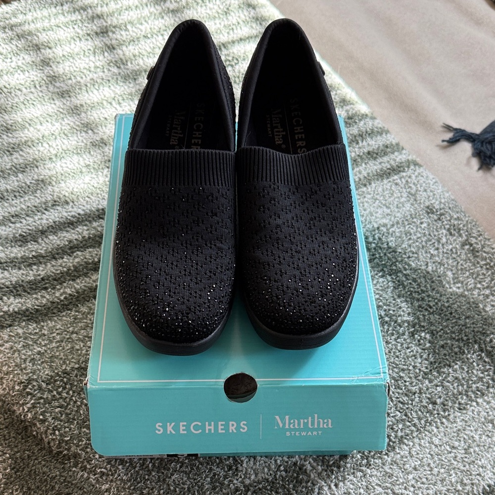 Skechers Black Sparkle Knit Slip-Ons.  Size 9.  Worn once.